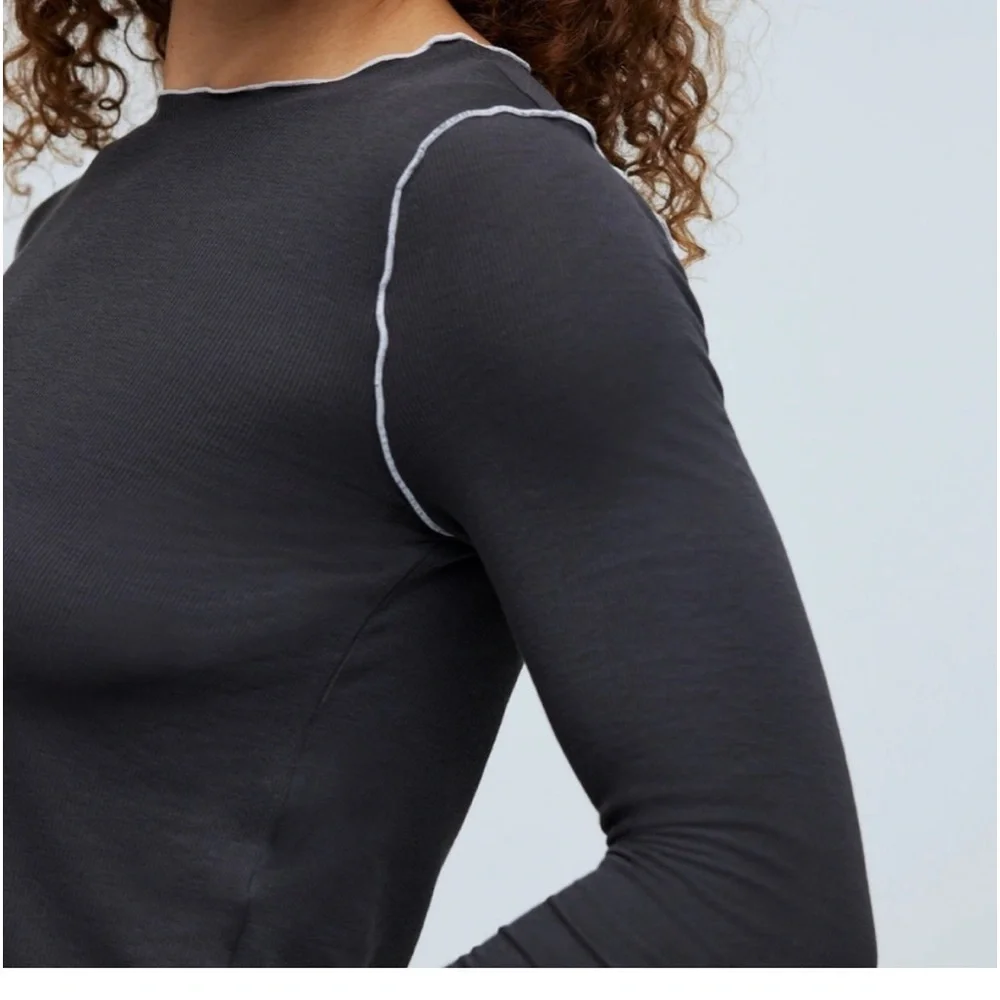 New Madewell Contrast Stitched Crewneck Crop Lightweight Tee Shirt Black Coal M - Picture 2 of 11